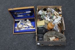 A box of part oak canteen of cutlery, cutlery, wooden bowls and lamps, silver backed brush,