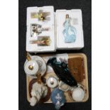 A tray of Coalport figure "Regina", Royal Albert china trio, box of costume jewellery,