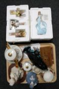 A tray of Coalport figure "Regina", Royal Albert china trio, box of costume jewellery,