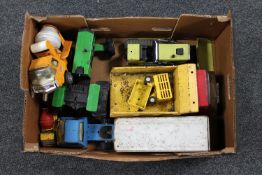 A box of mid 20th century Tonka Trucks and farm vehicles