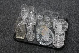 A tray of antique and later glass ware : glasses, vases,