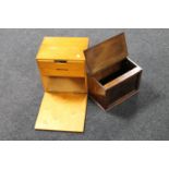 A plywood storage box fitted two drawers and an Edwardian oak storage box