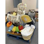 A pallet of children's high chairs, sit on toys, car seat, Moses basket,
