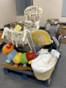 A pallet of children's high chairs, sit on toys, car seat, Moses basket,