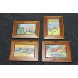 A set of four pine framed French watercolours,
