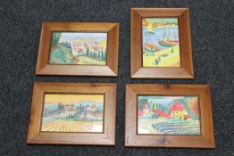 A set of four pine framed French watercolours,