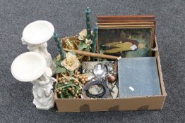 A box of picture, canteens of cutlery, two cherub chalk comports,