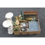A box of picture, canteens of cutlery, two cherub chalk comports,