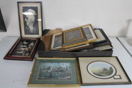 A box of eleven assorted framed pictures : nautical knots, Lowry print,