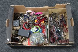 A box of a bag of marbles, assorted costume jewellery, watches,