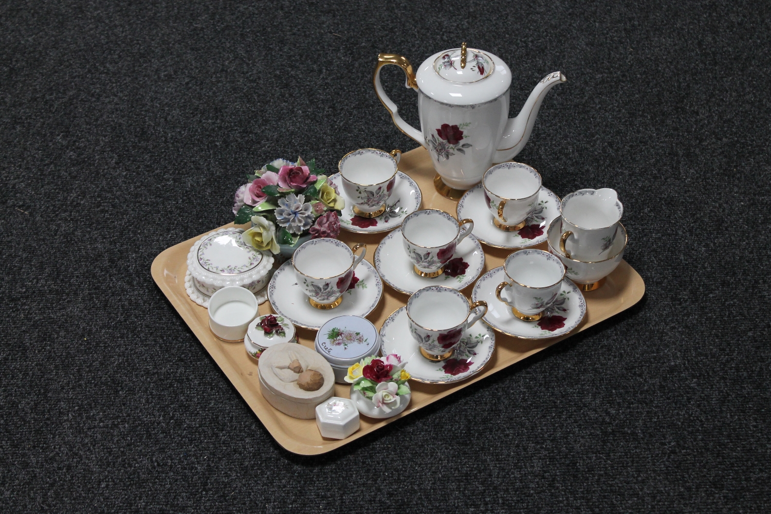 A tray of fifteen piece Crown Stafford Red Rose china coffee service,
