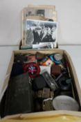 Two boxes of engineering gauges, metal ware, tins, wristwatches,