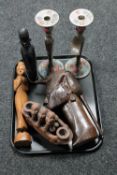 A tray of carved Eastern and tribal figures,