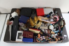 A box of large quantity of costume jewellery, wristwatch,