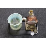 A Victorian brass and copper Corinthian column oil lamp with vaseline glass shade and glass chimney