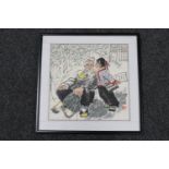 A framed Chinese watercolour on silk, elderly gentleman with child,