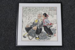 A framed Chinese watercolour on silk, elderly gentleman with child,