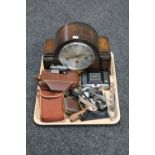 A tray of oak mantel clock with silvered dial, assorted gent's watches, portrait miniature,