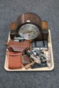 A tray of oak mantel clock with silvered dial, assorted gent's watches, portrait miniature,