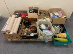 A pallet of eight boxes and bag of bric a brac, hardware, glass ware,