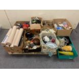 A pallet of eight boxes and bag of bric a brac, hardware, glass ware,