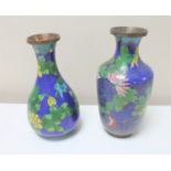 Two blue cloisonne floral patterned vases
