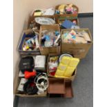 A pallet of nine boxes of assorted bric a brac, glass ware, electricals,