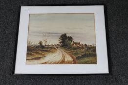 A framed William Baker watercolour, figures on a rural track,