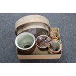 A box of glazed stone ware storage jars, metal shears,