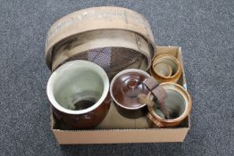 A box of glazed stone ware storage jars, metal shears,