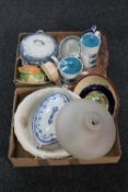 Two boxes of tureens, mid 20th century teapots, Art Deco dressing table set, wash jug,