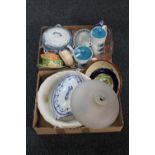 Two boxes of tureens, mid 20th century teapots, Art Deco dressing table set, wash jug,