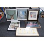 A framed signed print entitled "last post", four contemporary framed prints,