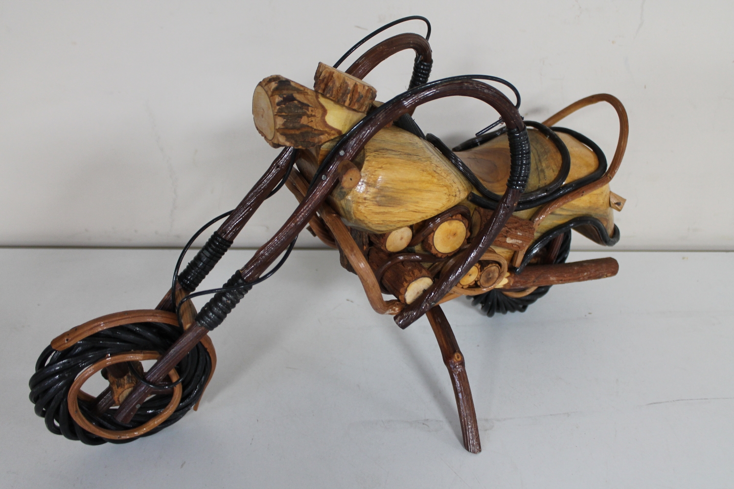 A hand built wooden motorcycle