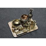 A tray of metal ware, brass oil can, toasting fork, Eastern brass vase and bowls,