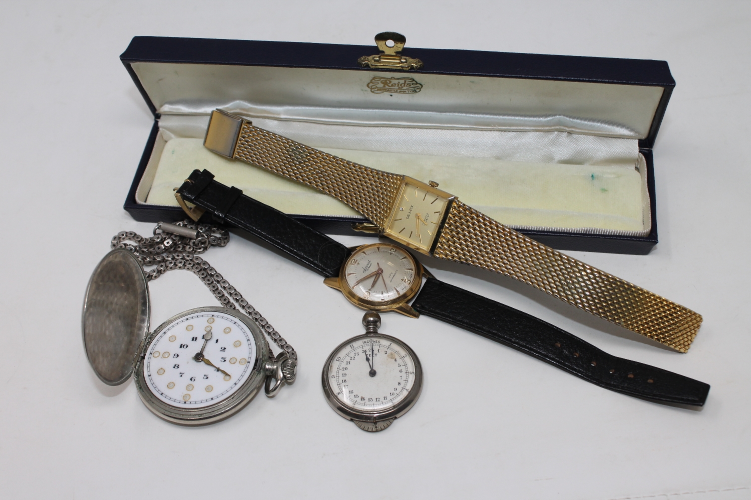 A gent's gold plated Accurist wristwatch (lacking crown) together with a Gillex watch and two fob