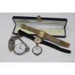 A gent's gold plated Accurist wristwatch (lacking crown) together with a Gillex watch and two fob