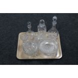 A tray of assorted glass ware : Victorian etched decanter, bowl, vases,