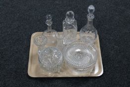 A tray of assorted glass ware : Victorian etched decanter, bowl, vases,