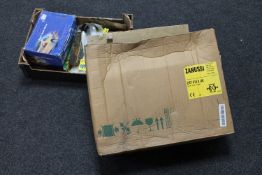 A boxed Zanussi cooker hood and a box of car mirrors, hand shield gloves,