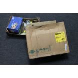 A boxed Zanussi cooker hood and a box of car mirrors, hand shield gloves,