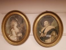 A pair of coloured prints, portraits of lady and gentleman wearing hats,