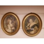 A pair of coloured prints, portraits of lady and gentleman wearing hats,