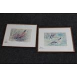 Two framed signed Keith Proctor prints - pheasants in grass and fox with pheasant,