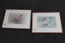 Two framed signed Keith Proctor prints - pheasants in grass and fox with pheasant,