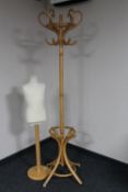 A Bentwood hat and coat stand and a child's mannequin on pine base