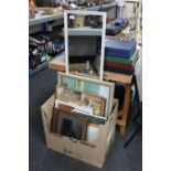 A box of assorted framed pictures, two mirrors,