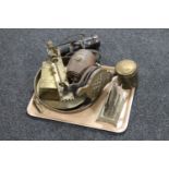 A tray of antique leather telescope case, assorted brass ware and copper : pan, barrel on stand,