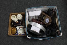 A box of lady's hand bags, mantel clock, china,