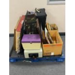 A pallet of plastic car boot tray, pictures, luggage case, fire safe,